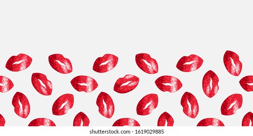 Lips and marijuana leaves seamless vector pattern border.Valentine's day vector background