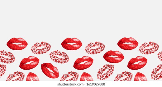 Lips and marijuana leaves seamless vector pattern border.Valentine's day vector background