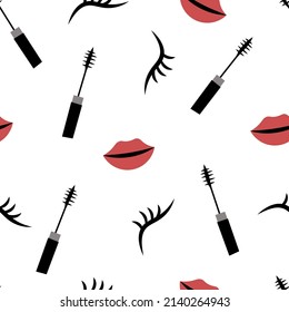 lips mascara eyeliner cosmetics vector illustration seamless pattern