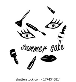 lips, mascara, nail Polish,lipstick.fashion style.silhouette.the inscription summer discounts.isolated on a white background.vector.