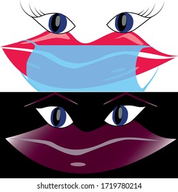 Lips masked and without a mask in the style of pop art