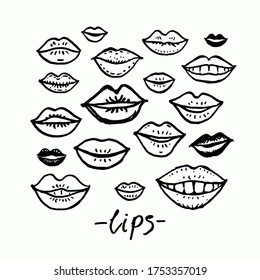 Lips. Monochrome doodle illustration of many mouths. Lips of different people funny vector template.
