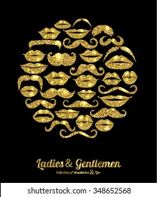 Lips and Moustaches gold set. Design glitter icons element. 