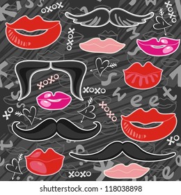 lips moustaches and hearts pink red gray seamless pattern on dark scratched background