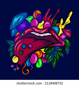 Lips mouth doodle graffiti art potrait logo colorful design with dark background. Abstract vector illustration. Isolated black background for t-shirt, poster, clothing, merch, apparel, badge design.