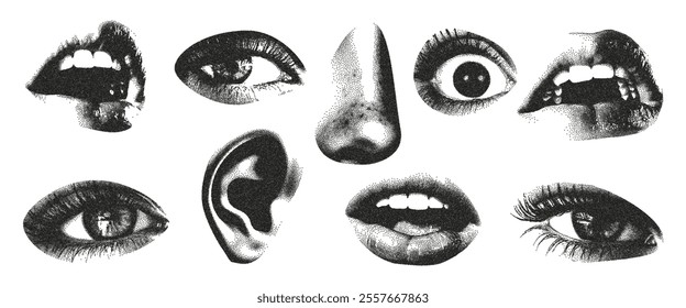 Lips, mouth, eyes, nose with the effect of monochrome photocopy, for the design of collages in the grunge punk style. Retro design in halftones. Vector illustration.