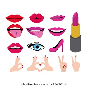 lips and mouth with hands and beauty elements set on white background vector illustration