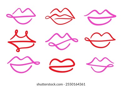 Lips Mouth Kiss Set. One Line Drawing Abstract Shape Logo Design. Hand Drawn Icon Sketch Isolated on White