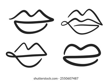 Lips Mouth Kiss Set. One Line Drawing Abstract Shape Logo Design. Hand Drawn Icon Sketch Isolated on White