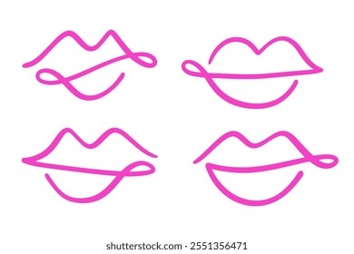 Lips Mouth Kiss Set. One Line Drawing Abstract Shape Logo Design. Hand Drawn Icon Sketch Isolated on White