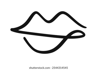 Lips Mouth One Line Drawing Abstract Shape Logo Design. Kiss Hand Drawn Icon Sketch Isolated on White