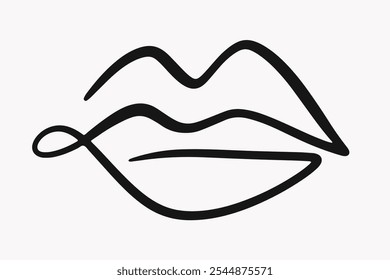 Lips Mouth One Line Drawing Abstract Shape Logo Design. Kiss Hand Drawn Icon Sketch Isolated on White