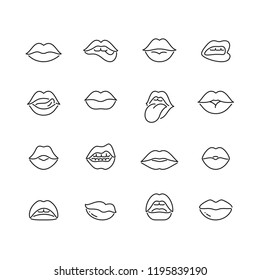 Lips and mouth related icons: thin vector icon set, black and white kit