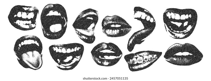 Lips and mouth in scream with monochrome photocopy effect, for grunge punk y2k collage design. Elements in stipple halftone retro design. Vector illustration for vintage music poster