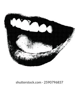 Lips and mouth in scream with monochrome photocopy effect, for grunge punk y2k collage design. Elements in stipple halftone brutalist retro design.