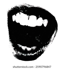 Lips and mouth in scream with monochrome photocopy effect, for grunge punk y2k collage design. Elements in stipple halftone brutalist retro design.