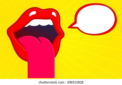 Lips and mouth sticking tongue out hungry for something tasty and delicious with speech bubble