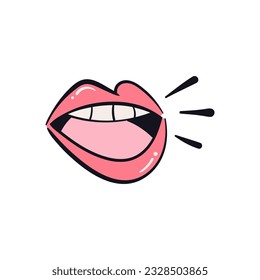 Lips mouth talking hand drawn sticker design. Cartoon retro doodle vector illustration