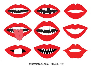 Lips, mouth with teeth, vector set. Photo booth accessory collection. Props retro party set