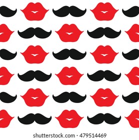 Lips And Mustache. Seamless Vector Pattern