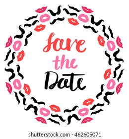 Lips and mustache wedding wreath post card. Vector illustration.