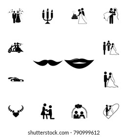 lips and mustaches icon. Set of wedding elements icon. Photo camera quality graphic design collection icons for websites, web design, mobile app on white background