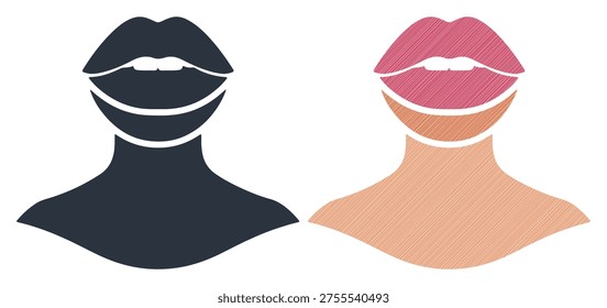 Lips and neck silhouette drawing red and nude nude lipstick kiss isolated on white