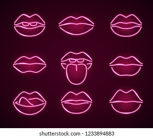 Lips Neon Signs Thin Line Icon Set Include Of Lip, Kiss And Mouth. Vector Illustration Of Icons