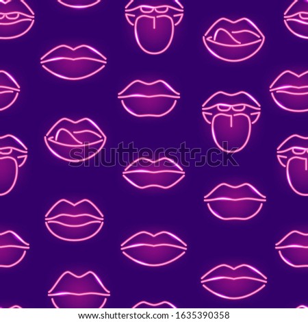 Lips Neon Signs Thin Line Seamless Pattern Background Include of Lip, Kiss and Mouth. Vector illustration of Icons