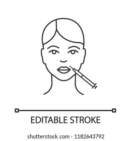 Lips neurotoxin injection linear icon. Anti wrinkle injection. Thin line illustration. Lips augmentation. Cosmetic procedure. Contour symbol. Vector isolated outline drawing. Editable stroke