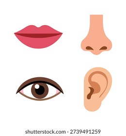 Lips, nose, eye and ear icons vector set, facial features graphics for beauty salon poster, anatomy class, healthcare education