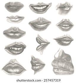 Lips, nose, sketch. Collection. Vector illustration