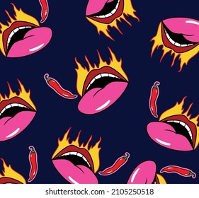 Lips en llamas que comen pimientos de ají. Banner moderno y colorido. Fondo oscuro. Ilustración de material vectorial. Abstracción. Paprika rojo. Patrón de cobertura. Diseño para tela.