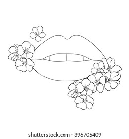 Lips on a isolated on white background. Vintage Vector illustration.Hand-drawn contour lines.Concept lips and flowers poster. parted lips