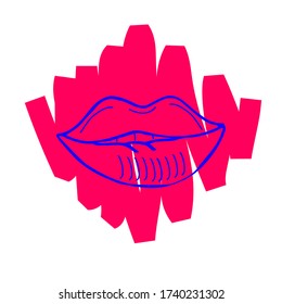 Lips on Neon Pink Brushstroke. Doodle style for Logo, Icon, Card, Poster. Vector Line Art Illustration for Design Tattoo, on Clothes, on Balloons, on Badges. Colorful splash.