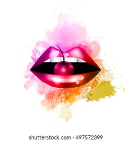 Lips on watercolor background. Print on T-shirt