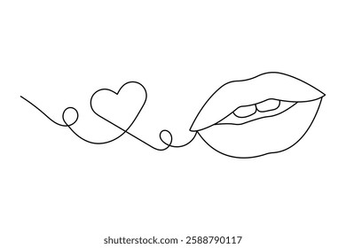 Lips one line art drawing on black and white isolated  vector background
