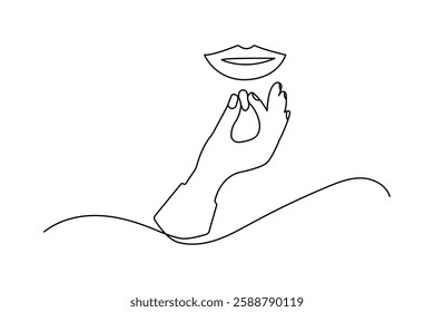 Lips one line art drawing on black and white isolated  vector background