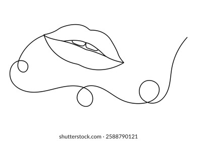 Lips one line art drawing on black and white isolated  vector background