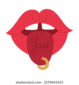 Lips with open mouth, showing pierced tongue with word Yass! concept of self love, choosing yourself, being yourself. Hand drawn isolated vector illustration with editable stroke text