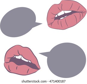 Lips opened mouth with talk bubble on beige background comics hand drawn illustration