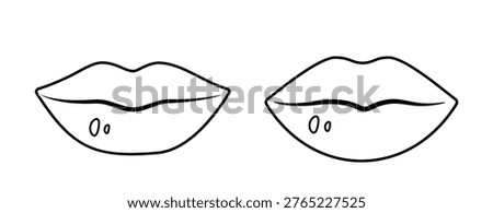 Lips Outline Set.
Cute Mouth and Lips Outline Clipart, Black Line Vector template.