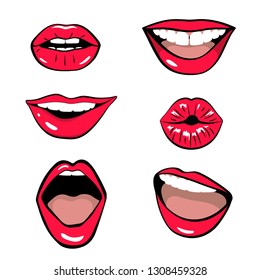 Lips patch collection isolated on white background. Vector illustration of sexy woman's lips expressing different emotions.