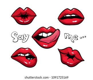 Lips patch collection. Vector illustration of sexy doodle woman's lips expressing different emotions, such as smile, kiss, half-open mouth, biting lip, lip licking, tongue out. Isolated on white. Sex 