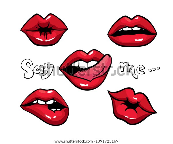 Lipsパッチコレクション 笑顔 キス 口の半開き 噛む唇 唇をなめる 舌を出すなど 異なる感情を表すセクシーな落書き風女性の唇のベクターイラスト 白い背景に セックス のベクター画像素材 ロイヤリティフリー