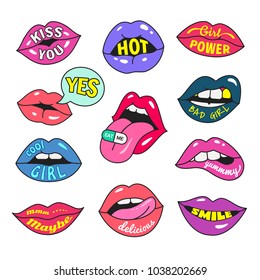 Lips patches collection. Vector illustration of women's lips with writings and relevant words, expressing different emotions. Isolated on white. Lips patches collection. Vector illustration of women's lips with writings and relevant words, expressing different emotions. Isolated on white.