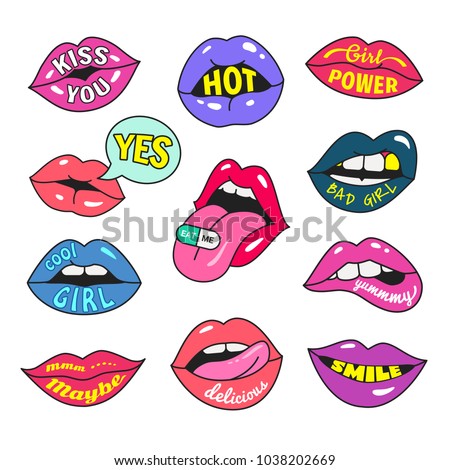 Lips patches collection. Vector illustration of women's lips with writings and relevant words, expressing different emotions. Isolated on white.