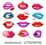 Lips patches. Fashionable cartoon girl lip, blue pink red sexy mouths. Love kissing stickers with tongue, pills lollipops beans vector set