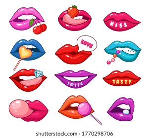 Lips patches. Fashionable cartoon girl lip, blue pink red sexy mouths. Love kissing stickers with tongue, pills lollipops beans vector set