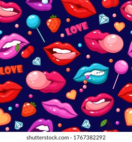 Lips Pattern. Fashion Pop Art Style Lip, Fashionable Kiss Background. Fun Crazy Love Girly Print, Colored Retro Mouths Vector Texture